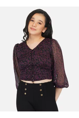 Antheaa Girls Black & Pink Print Chiffon Fitted Crop Top