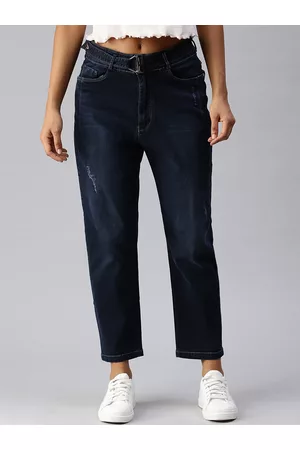 SHOWOFF Women Blue Straight Fit High-Rise Low Distress Light Fade Stretchable Denim Jeans