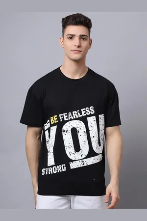 DOOR74 Men Black & White Typography Printed Loose T-shirt