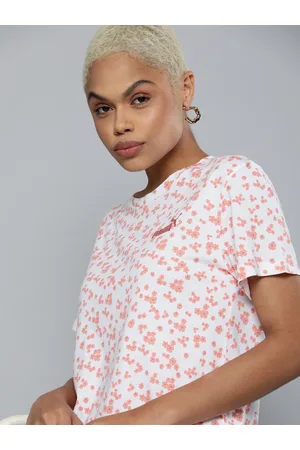 PUMA Women Peach-Coloured & White Floral Printed Essential T-shirt