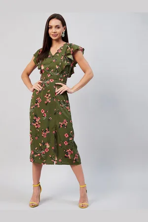 Rare Fashion Green & Pink Floral Crepe Midi Dress