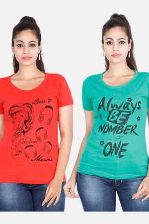 Fleximaa Women Teal & Red Pack Of 2 Printed Cotton T-shirt