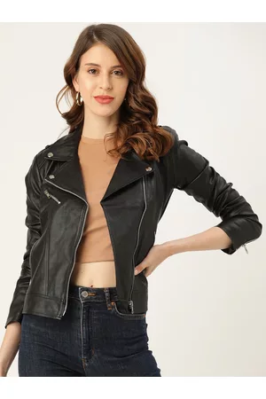 Leather Retail Women Black Solid Asymmetric Closure Leather Biker Jacket