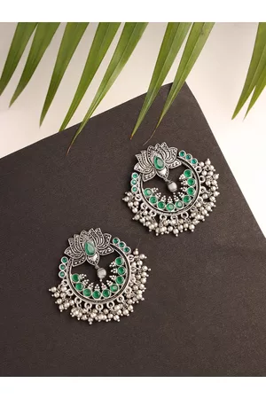 Jazz and Sizzle Women Green & Silver-Toned Lotus Shaped Chandbalis Earrings