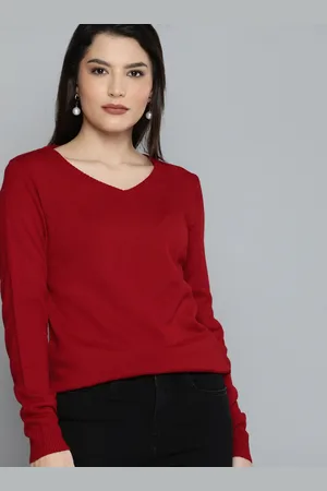 Chemistry Women Red V Neck Full Sleeved Pullover Sweater
