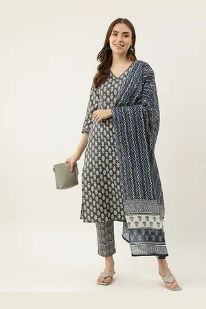 FIORRA Women Grey Ethnic Motifs Printed Pure Cotton Kurti with Trousers & With Dupatta