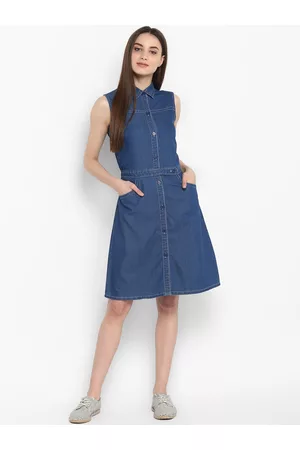 StyleStone Women Denim Blue Solid Shirt Dress