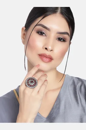 I Jewels Maroon & Silver-Toned Oxidised Rhodium Plated Kundan Handcrafted Finger Ring