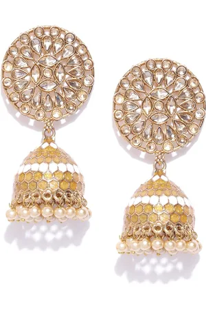 Jewels Galaxy Mustard Yellow Antique Gold-Toned Stone-Studded Dome Shaped Jhumkas