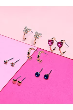 Accessorize Women Pack of 6 Gold-Toned & Pink Heart Shaped Studs Earrings