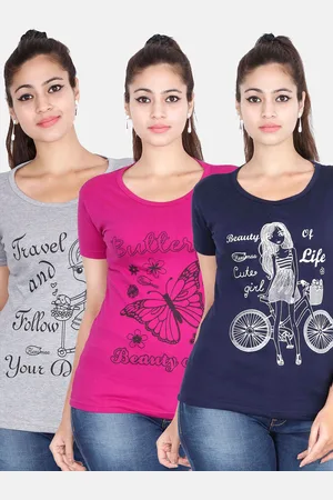 Fleximaa Women Magenta & Grey Pack Of 3 Printed Cotton T-shirt