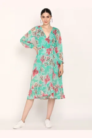 DODO & MOA Women Green & Pink Floral Georgette Midi Dress