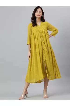 Janasya Women Mustard Yellow Poly Chiffon Self Design Front Slit Dress