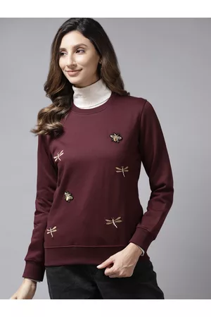 Cayman Women Maroon Solid Applique Sweatshirt