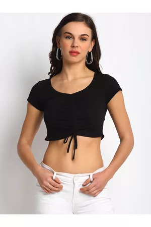 DOOR74 Women Black Solid Front Gather Crop Top