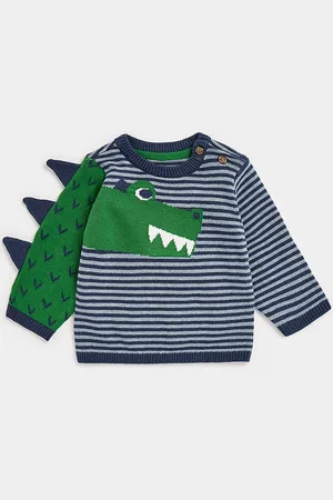 Mothercare Boys Navy Blue & Green Striped Pure Cotton Pullover Sweater with 3-D Applique