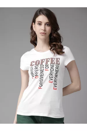 Cayman Women White & Black Pure Cotton Printed Round Neck T-shirt