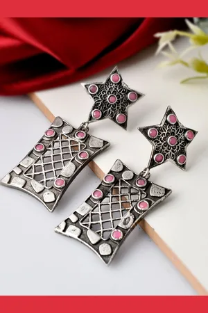 Dastoor Silver-Toned & Pink Geometric Drop Earrings