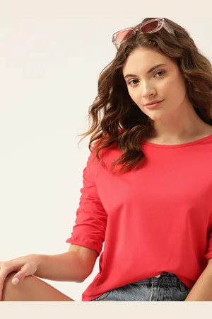 DressBerry Coral Red Ruched Sleeves Top