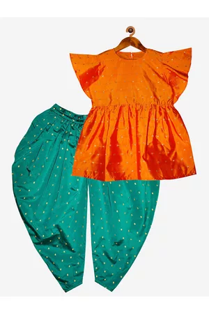 KiddoPanti Girls Orange & Green Printed Top& Churidar