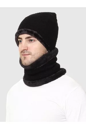Weavers Villa Men Black Beanie with Muffler Set