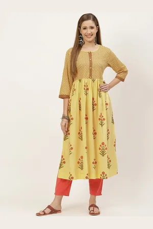 FABRIC FITOOR Women Yellow & Red Floral Printed Floral Anarkali Kurta