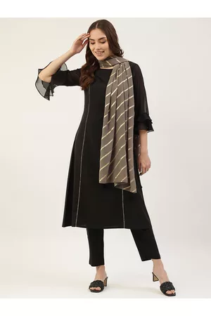 FIORRA Women Black Panelled Kurti with Trousers & With Dupatta