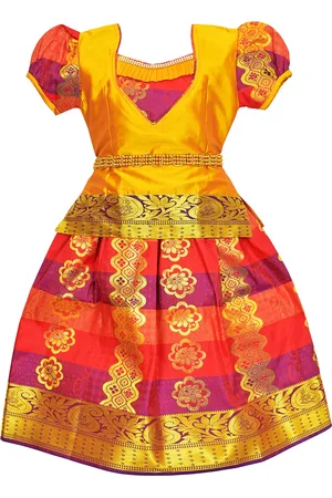 Amirtha Fashion Girls Gold-Toned & Purple Thread Work Ready to Wear Lehenga &