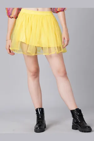 Cation Women Yellow Solid A-line Flared Mini Skirts