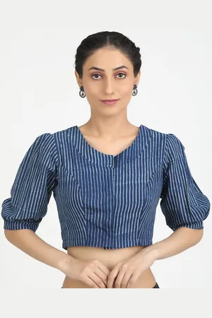 Llajja Women Blue Block Printed Striped Cotton Saree Blouse