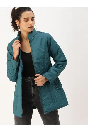 DressBerry Women Teal Blue Solid Windcheater Padded Jacket