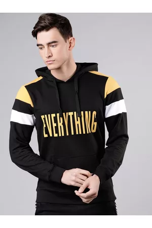 LocoMotive Men Black & Mustard Solid Hooded Sweatshirt