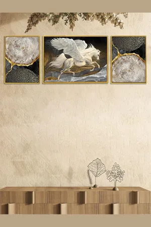 Art Set of 3 White Flying Horse Canvas Paintings