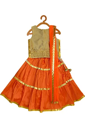 A.T.U.N. Girls Orange & Gold-Coloured Ready to Wear Lehenga & Blouse With Dupatta