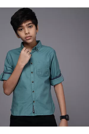 WROGN Boys Teal Blue Pure Cotton Casual Shirt