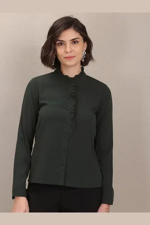 Ralph Lauren U S Polo Assn Women Olive Ruffled Collar Long Sleeve Solid Top