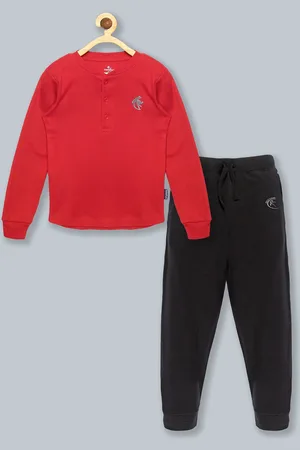 KiddoPanti Kids Red & Black Solid Pure Cotton Tracksuit