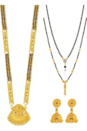 Brandsoon Set of 3 Gold Tonned & Black Gold-Plated Brass Managalsutra With Earrings