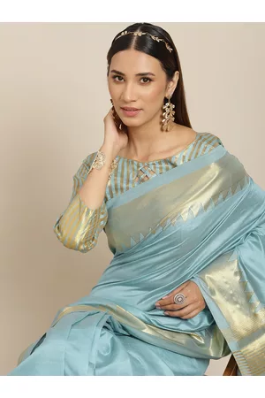 Kalini Turquoise Blue & Gold-Toned Woven Design Silk Blend Kasavu Saree
