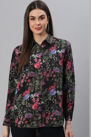 Cation Women Black Regular Fit Floral Printed Casual Shirt