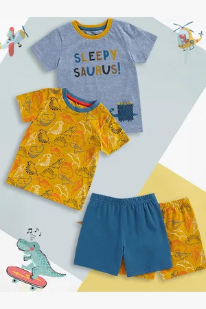 Mothercare Boys Set Of 2 Yellow & Blue Printed Pure Cotton T-shirt with Shorts