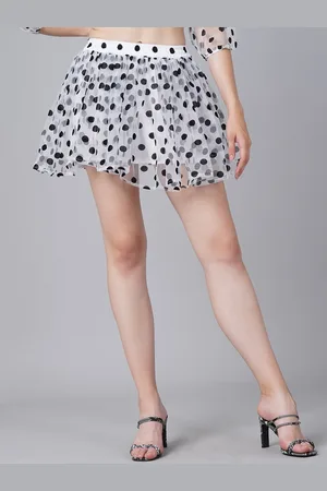 Cation Women White & Black Polka Printed Mini Flared Skirt