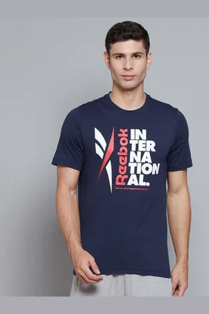 Reebok Men Navy Blue & White Typography Print Verbiage Graphic Cotton Slim Fit T-shirt