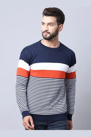 CANTABIL Men Navy Blue & White Striped Pullover