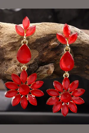 Jewels Galaxy Red Gold-Plated Stone-Studded Floral Drop Earrings