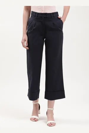 Elle Women Navy Blue Slim Fit Pleated Cotton Culottes Trousers