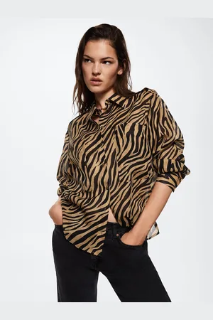 MANGO Women Black & Brown Animal Striped Casual Cotton Shirt