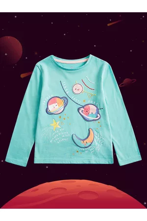 Mothercare Girls Sea Green Green Space Print Pure Cotton T-shirt