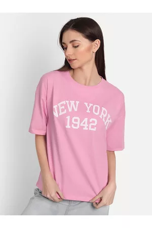 iki chic Women Pink Typography Printed Oversized T-shirt