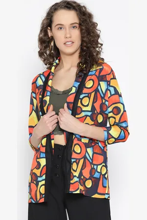 Erotissch Women Red & Blue Printed Open Front Jacket with Satin Finish
